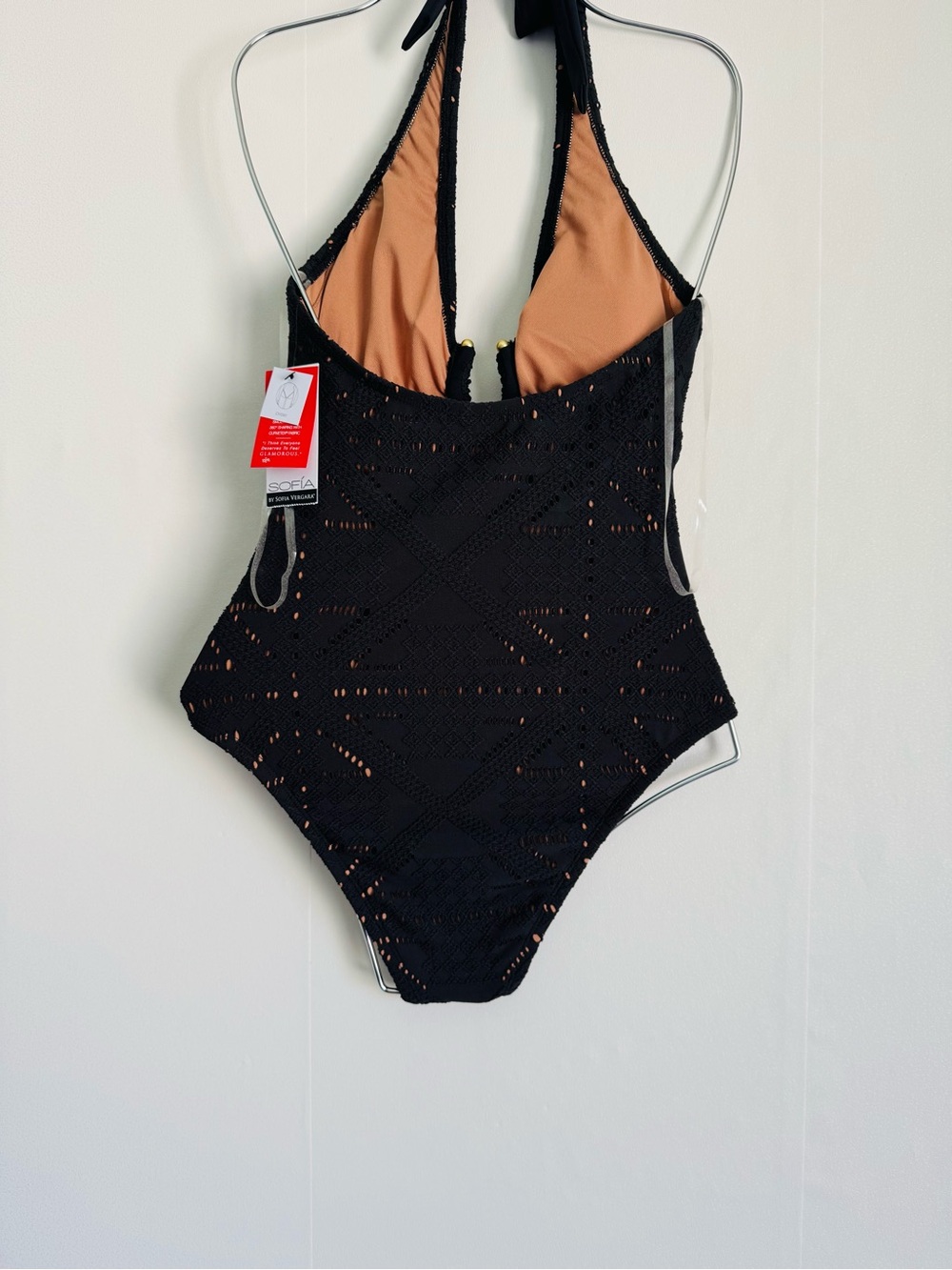 sofia by sofia vergara Black Crochet Halter One-Piece with Nude Lining